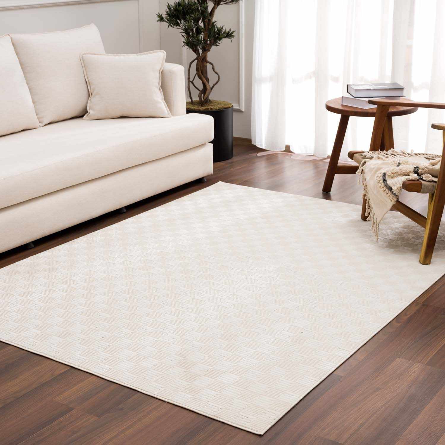 Hauteloom Truls Machine Washable Contemporary Area Rug - Modern Geometric Checkered Carpet for Living Room, Bedroom - Cream - 9'2" x 12'