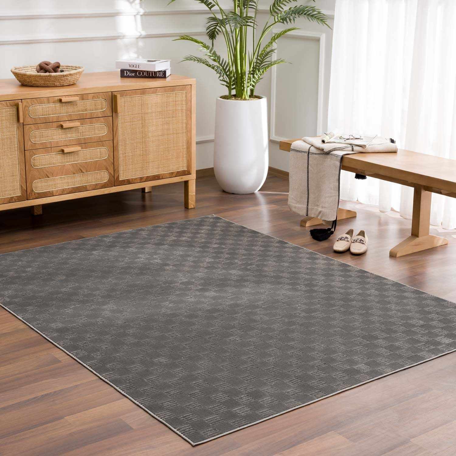Hauteloom Truls Machine Washable Contemporary Area Rug - Modern Geometric Checkered Carpet for Living Room, Bedroom - Gray - 7'10" x 10'