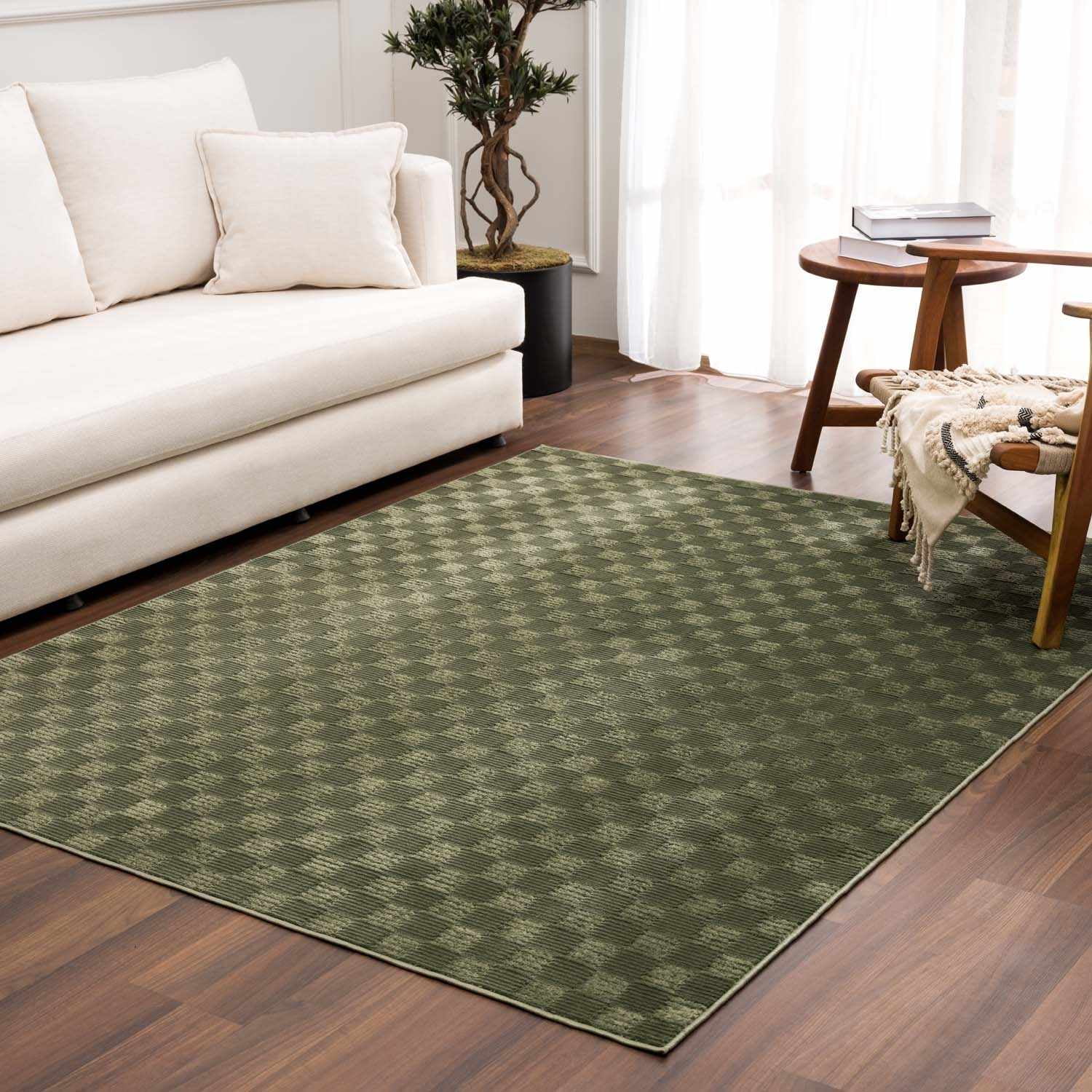 Hauteloom Truls Machine Washable Contemporary Area Rug - Modern Geometric Checkered Carpet for Living Room, Bedroom - Green - 5'3" x 7'