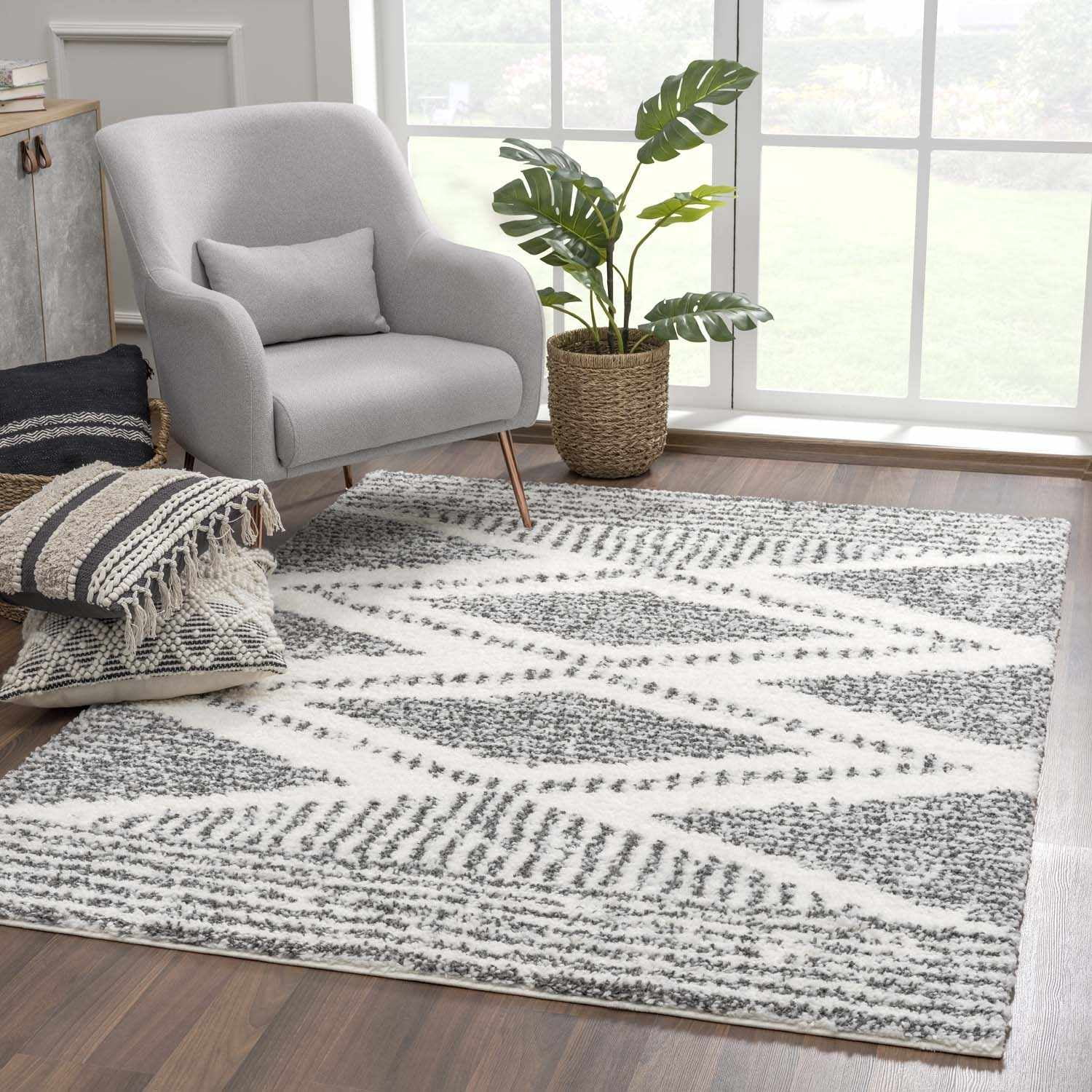 Hauteloom Atlas Moroccan Farmhouse Door Mat Shaggy Small Area Rug - Bohemian Shag Rug - Plush High Pile - Southwestern Boho Soft Carpet - Black, Cream, Grey, Beige - 2" x 3'