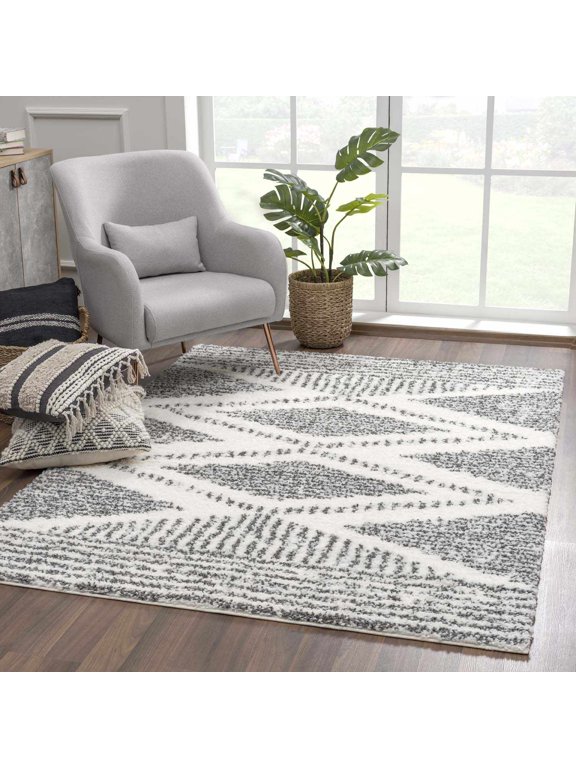 Atlas Moroccan Farmhouse Living Room Bedroom Shaggy Area Rug - Bohemian Shag Rug - Plush High Pile - Southwestern Boho Soft Carpet - Black, Cream, Grey, Beige - 5'3" x 7'3"
