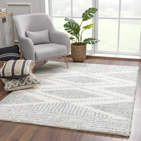 Hauteloom Trunding Moroccan Farmhouse Living Room Bedroom Shaggy Area Rug - Bohemian Shag Rug - Plush High Pile - Southwestern Boho Soft Carpet - Grey, Beige - 7'10" x 10'3"