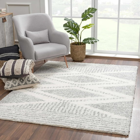 Hauteloom Trunding Moroccan Farmhouse Living Room Bedroom Shaggy Area Rug - Bohemian Shag Rug - Plush High Pile - Southwestern Boho Soft Carpet - Grey, Off White, Beige - 6'7" x 9'