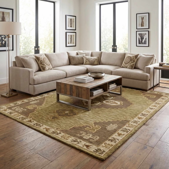 Hauteloom Tuscania Wool Living Room, Bedroom Area Rug - Bohemian Transitional - Olive, Moss Green, Chestnut Brown - 5' x 7'6"