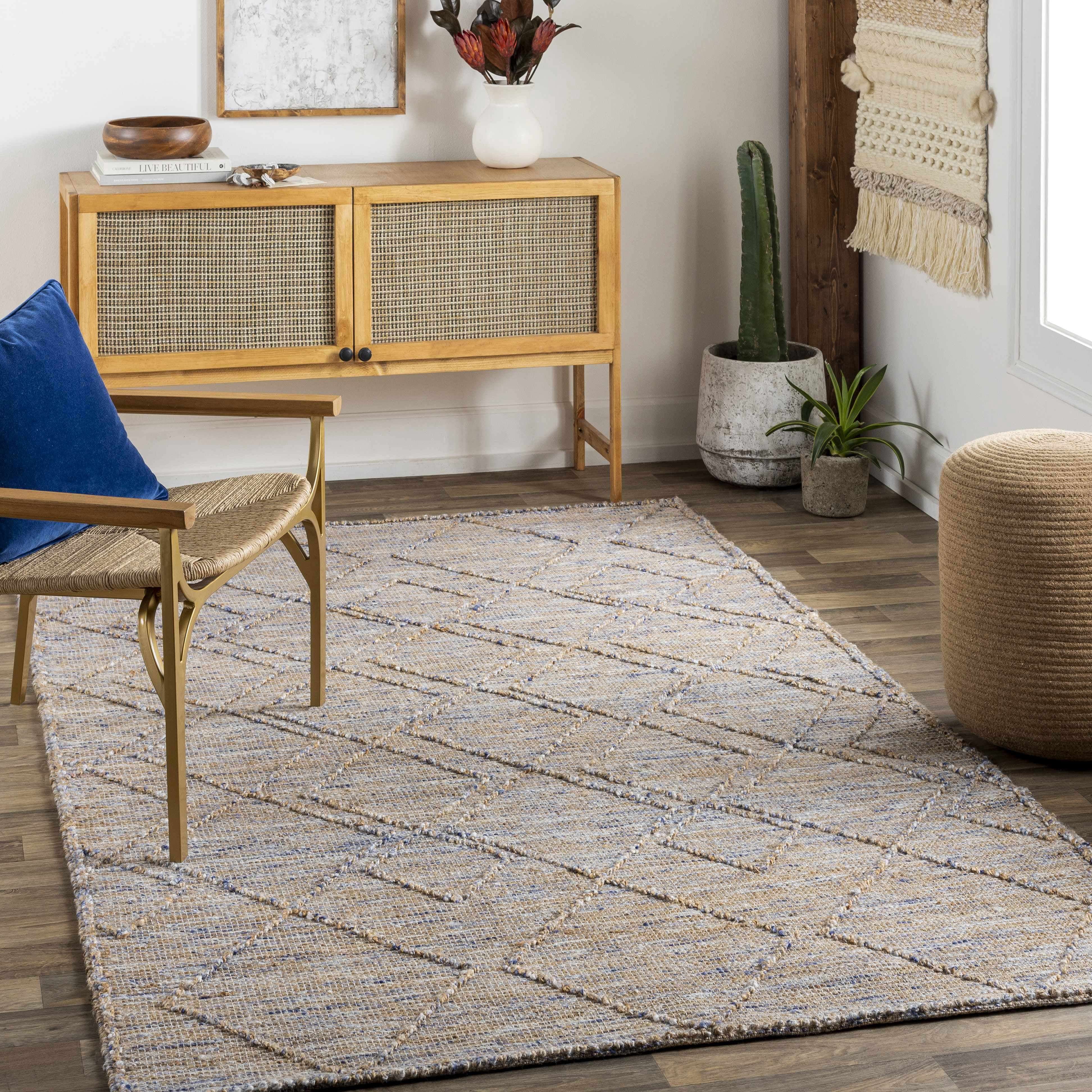 Hauteloom Schonbrunn Jute Living Room, Bedroom Area Rug - Geometric Diamond Lattice Trellis - Bohemian Transitional Boho Tribal Modern - Tan, Navy, Pale Blue, Beige, Brown - 2' x 3'