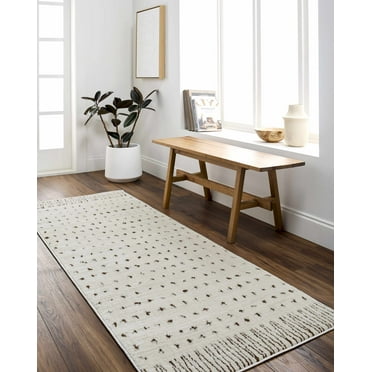 Hauteloom Tuvya Hallway, Kitchen Runner Rug - Farmhouse - High Pile - Ivory, Brown - 2'7" x 7'3"