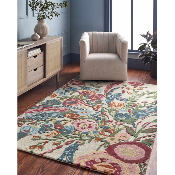 Hauteloom Tuyet Wool Living Room, Bedroom Area Rug - Traditional, Transitional - Crimson, Coral, Sapphire - 2' x 3'