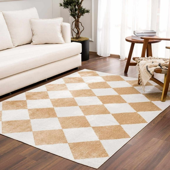 Hauteloom Ulric Modern Geometric Diamond Area Rug for Living Room, Bedroom - Machine Washable Area Rug - Stain Resistant - Pet Friendly - Medium Pile - Cream, Yellow, Mustard - 2' x 2'11"