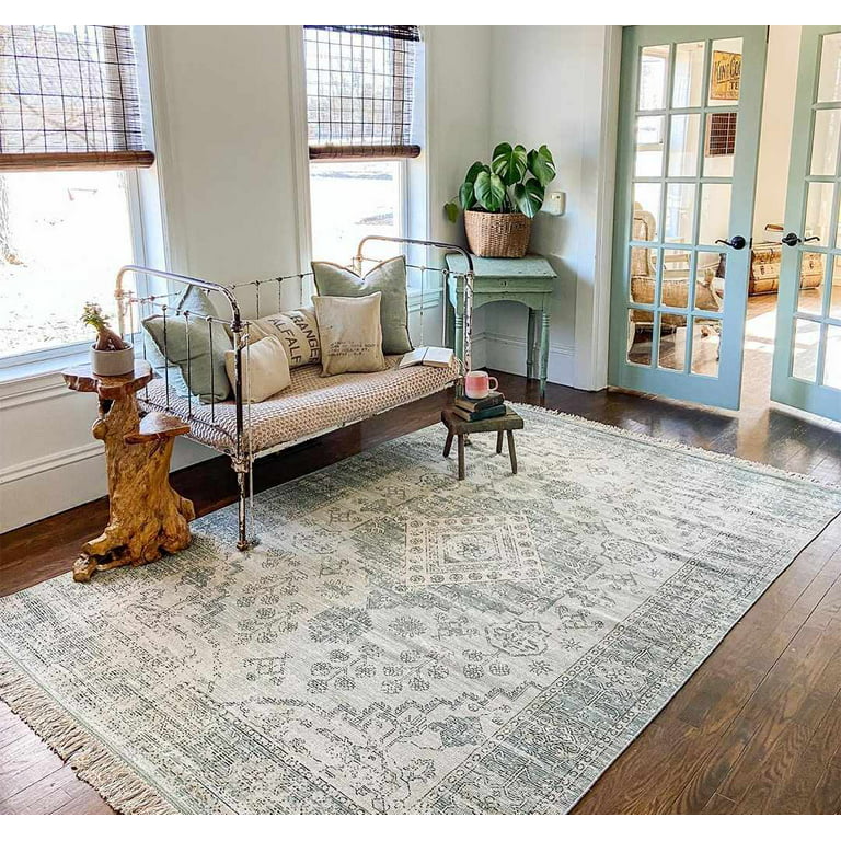 Hauteloom Undy Hand Woven Traditional Vintage Living Room Bedroom Cotton  Area Rug - No Pile Carpet with Tassel - Boho Persian Medallion - Distressed  - Light Green, Sage, Grey - 2'3 x 4' 