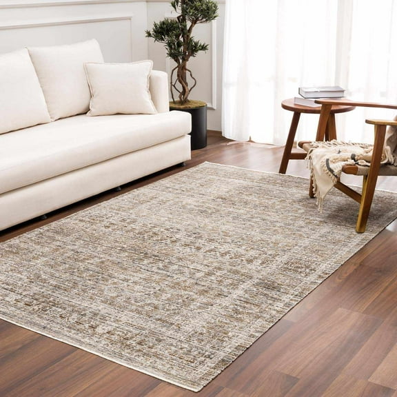 Hauteloom Uzuri Machine Washable Damask Area Rug for Living Room, Bedroom - Outdoor Safe Area Rug for Patio, Porch - Farmhouse - Beige, Sage Green - 5'3" x 7'10" (5x7)