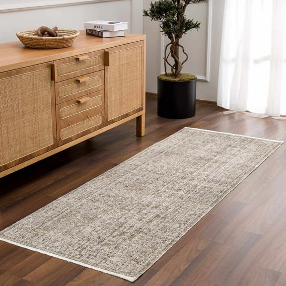 Hauteloom Uzuri Machine Washable Damask Runner Rug for Hallway, Kitchen - Outdoor Safe Runner Rug for Patio, Porch - Farmhouse - Beige, Sage Green - 2'7" x 7'3" (2x8)