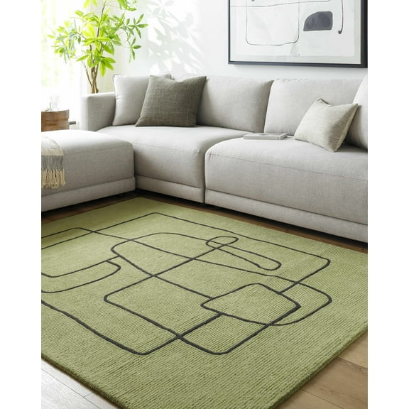 Hauteloom Koda Wool Living Room, Bedroom Area Rug - Contemporary - Jet Black, Lime Green - 8' x 10'