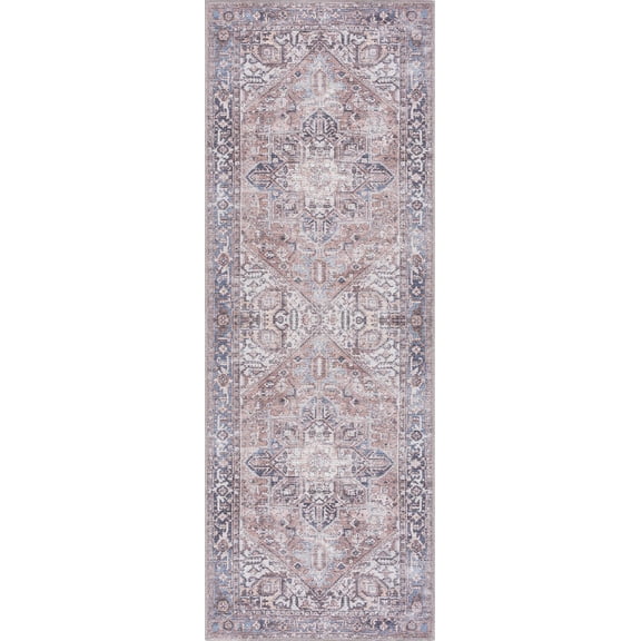 Hauteloom Viho Hallway, Kitchen Machine Washable Runner Rug - Traditional - Peach, Dark Red, White - 2'7" x 7'3"