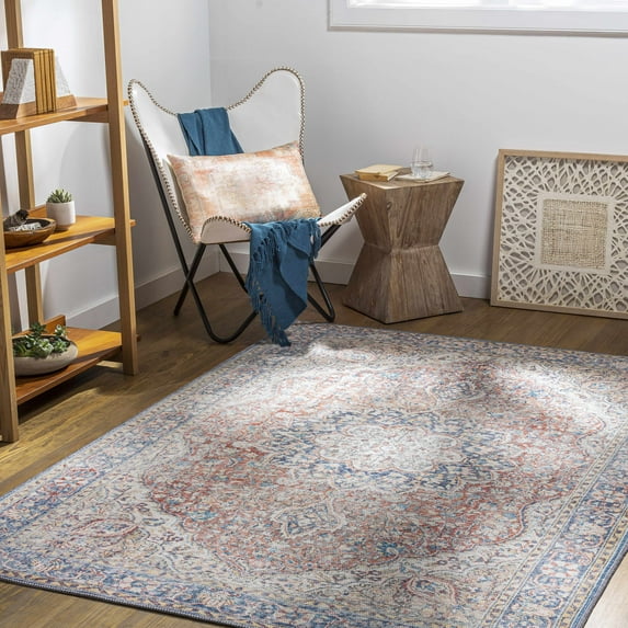 Hauteloom Wacousta Machine Washable Area Rug - Oriental Traditional Medallion - Bohemian Vintage Distressed Carpet - Brick Red, Blue, Yellow - 5'3" x 7'3"