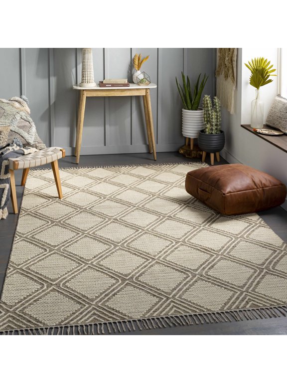 Champlain Living Room, Bedroom Area Rug - Geometric Diamond Trellis - Bohemian Transitional Boho - Beige, Cream, Tan - 2' x 3'