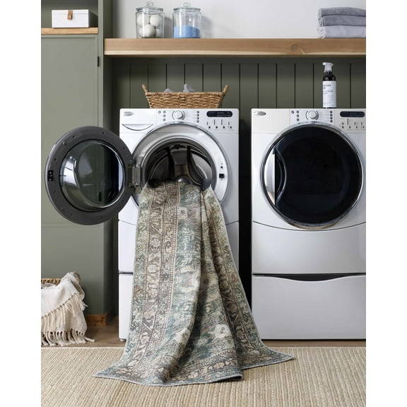 Hauteloom Walta Living Room, Bedroom Machine Washable Area Rug - Traditional - Medium Green, Sage, Charcoal - 2' x 2'11"