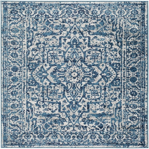 Hauteloom Wellsburg Living Room, Bedroom Area Rug - Traditional - Blue, Light Gray, White - 6'7" Square
