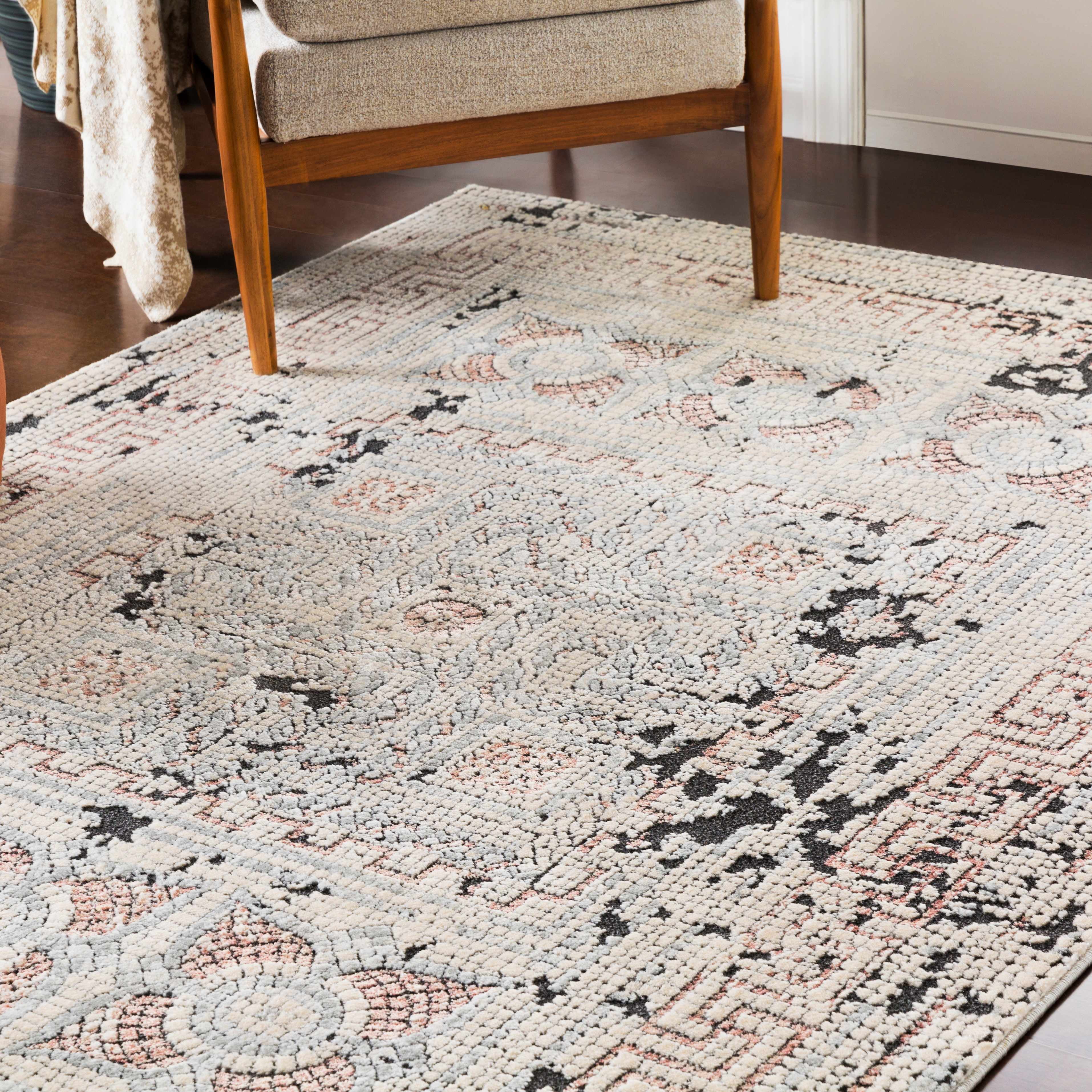 Hauteloom Whitestown Bohemian Mosaic Tile Living Room, Bedroom Area Rug - Vintage Distressed - Oriental Boho Faded Look - Pale Pink, Cream, Beige - 5'1" x 7'3"