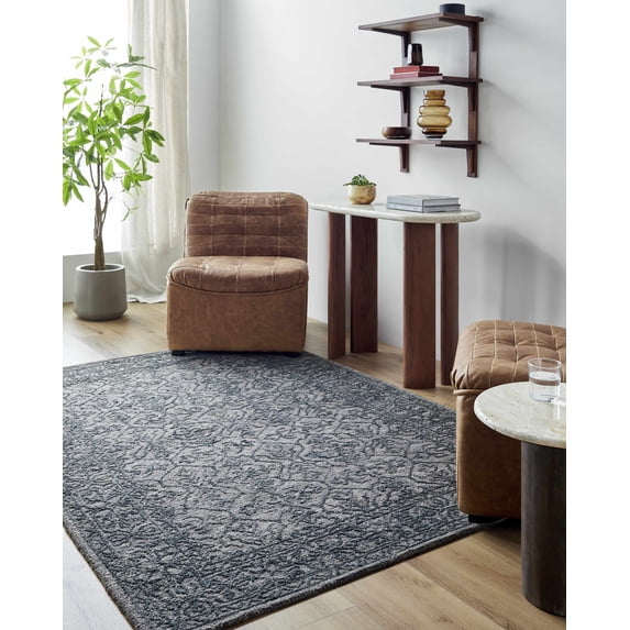 Hauteloom Yadid Boho Hand Woven Wool Natural Fiber Soft Area Rug - Traditional Floral Damask Carpet for Living Room, Bedroom, Dining Room - Medium Gray, Charcoal, Onyx - 8' x 10'