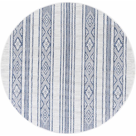 Hauteloom Yankalilla Living Room, Bedroom Patio Outdoor Area Rug - Bohemian, Transitional - Navy, Pale Blue, Off - White - 6'7" Round