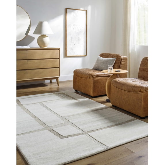 Hauteloom Yuuto Wool Living Room, Bedroom Area Rug - Contemporary - Ivory, Peach, Denim - 2' x 3'