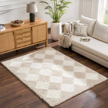 Hauteloom Zahur Modern Geometric Diamond Plush Area Rug for Living Room, Bedroom - High Pile Super Soft Cozy Carpet - Contemporary Shag - Beige, Cream - 5'3" x 7'3" (5x7)
