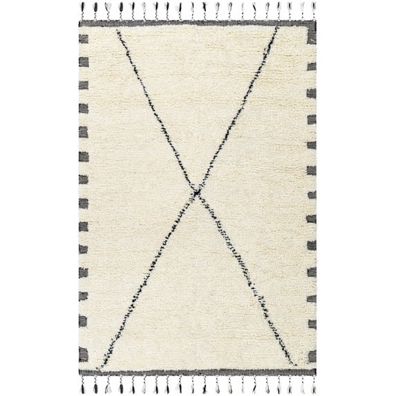 Hauteloom Zajac Wool Living Room, Bedroom Area Rug - Bohemian, Transitional - High Pile - Ivory, Charcoal, Slate Blue - 9' x 12'