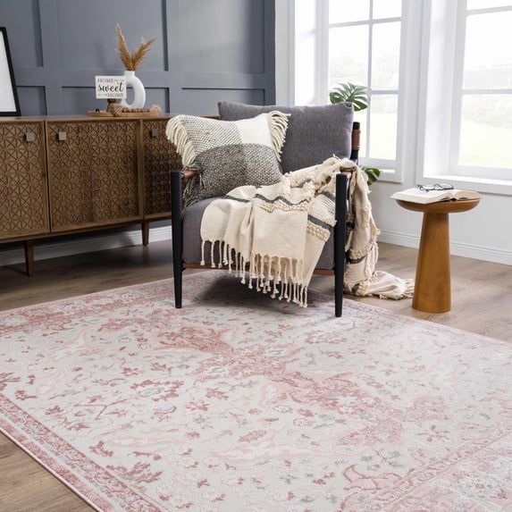 Hauteloom Zora Boho Vintage Floral Runner Rug - Farmhouse Traditional Medallion Carpet for Hallway, Kitchen - High Pile - Pale Pink, Peach, Cream, Blush - 2'7" x 10'