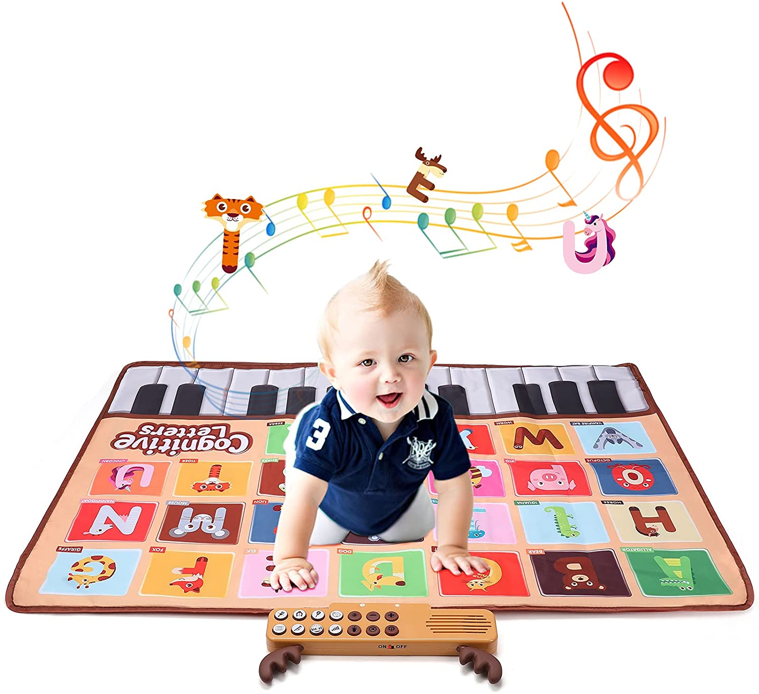 Hautton Kids Piano Mat, 39.4 X 28.2" Musical Keyboard Playmat Dance Mat with Letters Words and 6 Instrument Sounds Animal Touch Play Blanket, Early Education Toy Gift for Girls Boys