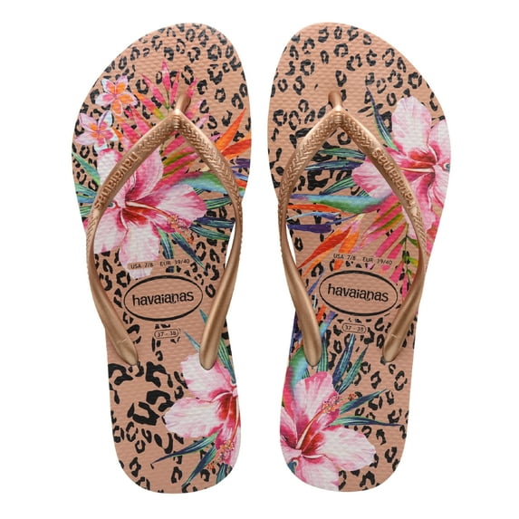 Havaianas Women's Slim Animal Floral Flip Flop - Palm Fronds on Leopard - Crocus Rose, 9-10