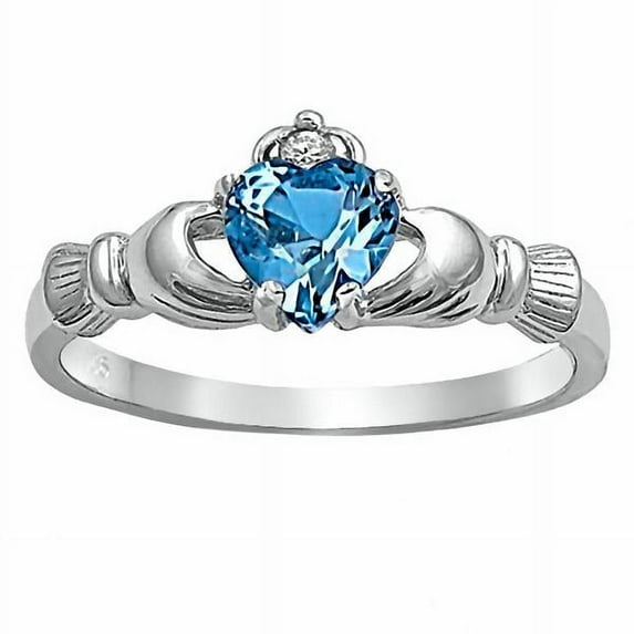 Havana: 0.765ct Heart cut Simulated Blue Topaz Ice CZ Claddagh Ring Sterling Silver sz 9.5