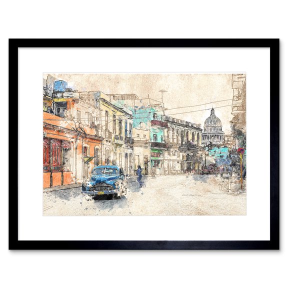Havana Cuba Street Painting Sketch Framed Wall Art Print
