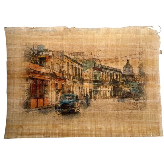 Havana Cuba Street Painting Sketch - Vintage Printing on Authentic Egyptian Papyrus Paper, Best Gift for Cuba Lovers, Vintage Look 13x9 inches