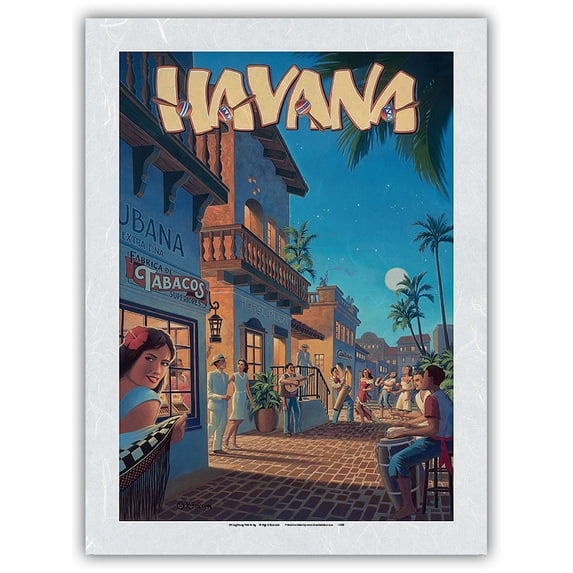 Havana Cuba - Vintage Travel Poster by Kerne Erickson - Japanese Unryu Rice Paper Art Print (Unframed) 12 x 16 in