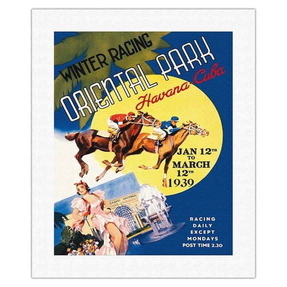Havana Cuba - Winter Horse Racing Oriental Park - Vintage Travel Poster c.1937 - Fine Art Rolled Canvas Print 16in x 20in