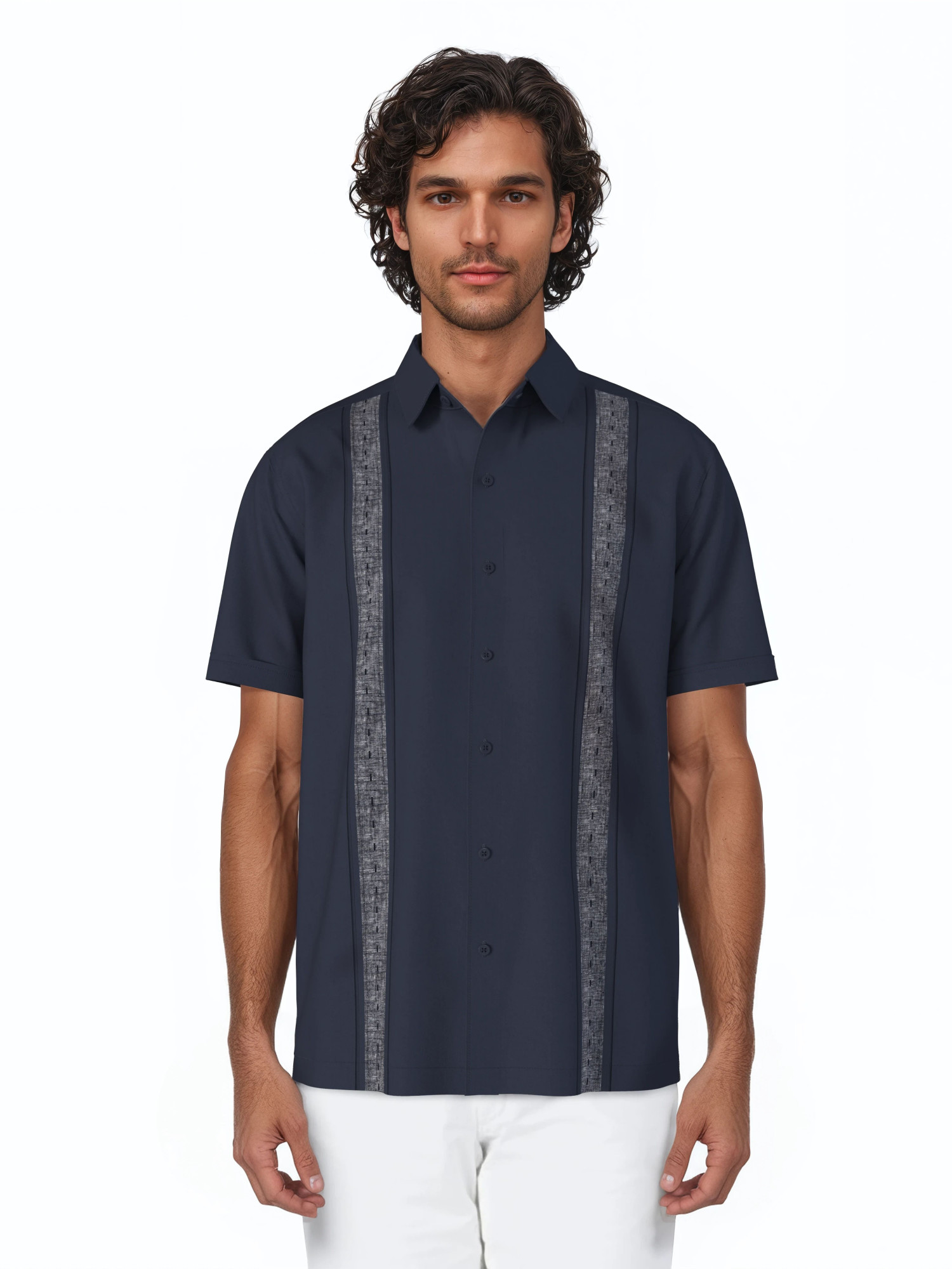 Havanera Men's and Big Men's Contrast Panel with Pick Stitching Short Sleeve Linen Cotton Button-Down Shirt, Sizes S-5XL