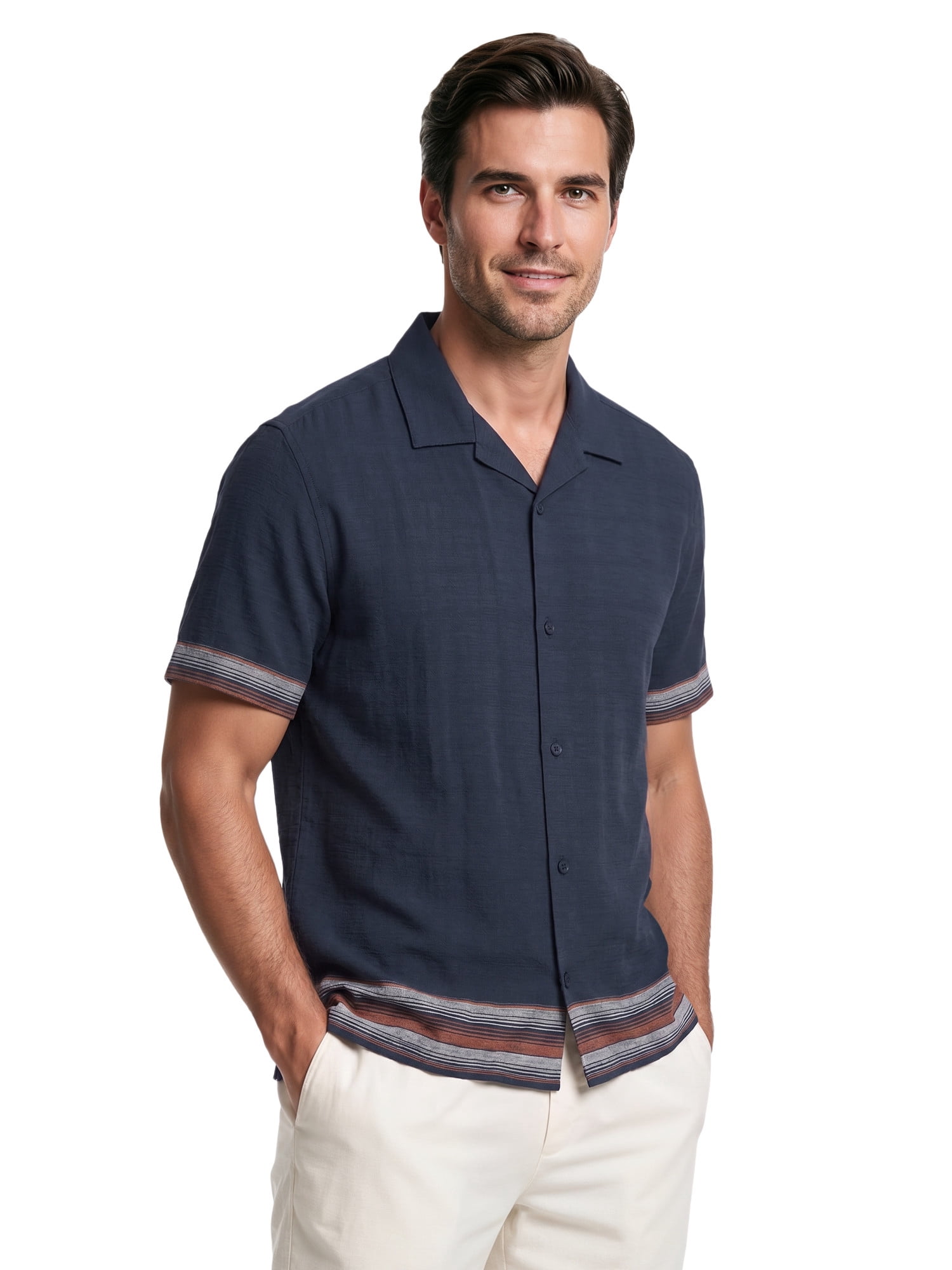 Havanera Men’s and Big Men's Horizontal Panel Print 100% Viscose Short Sleeve Shirt, S-5XL