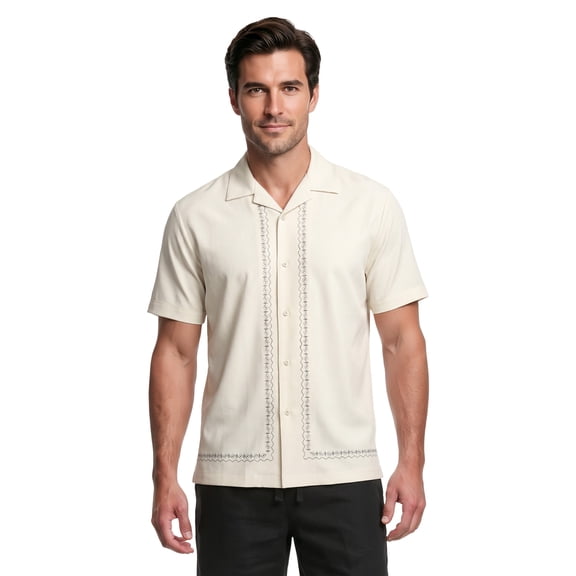 Havanera Men’s and Big Men's L-Shape Embroidered Cotton-Lyocell Short Sleeve Shirt, S-5XL