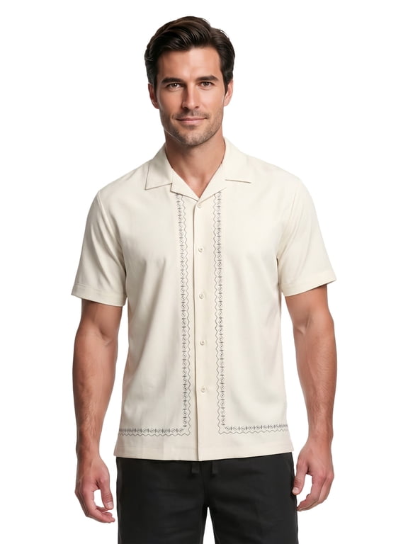 Men’s and Big Men's L-Shape Embroidered Cotton-Lyocell Short Sleeve Shirt, S-5XL