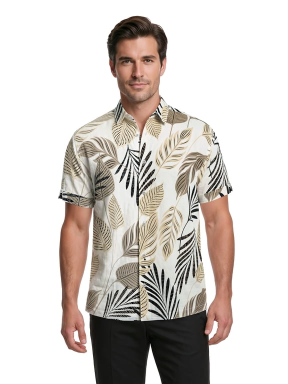 Men's and Big Men's Textured Leaf Print Linen-Cotton Short Sleeve Woven Shirt, Sizes S-5XL