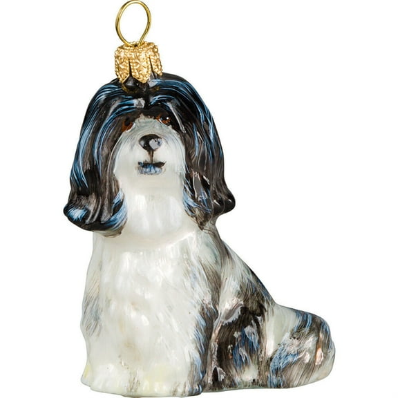 Havanese Black and White Sitting Dog Polish Glass Christmas Ornament Decoration