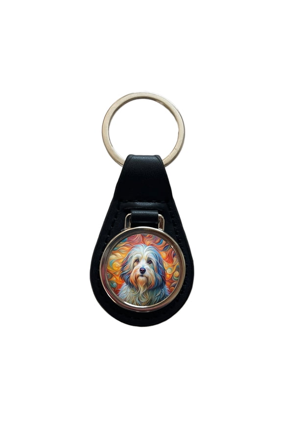 Havanese Dog Abstract Art Metal Black Leather Keychain