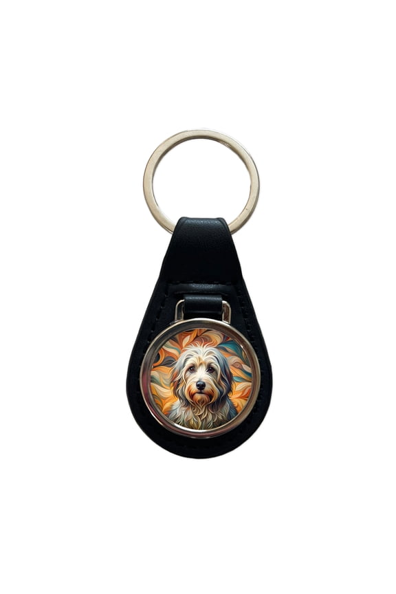 Havanese Dog Abstract Stylized Art Metal Black Leather Keychain