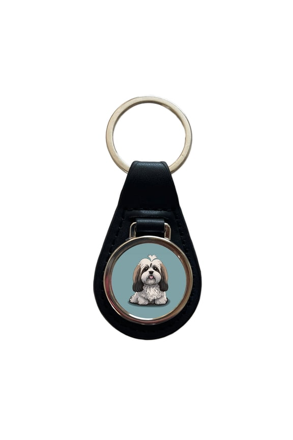 Havanese Dog Sitting Metal Black Leather Keychain