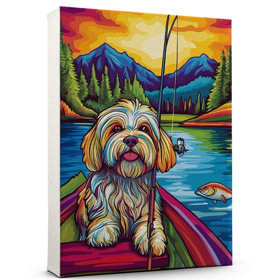 Havanese Dog Stretched Canvas Size 8x12 Fishing Canvas – Cute Havanese Canvas Wall Art of Puppy Playing Fishing, Perfect for Dog and Sports Fans