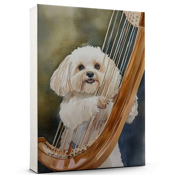 Havanese Dog Stretched Canvas Size 8x12 – Harp Theme Dog Art for Wall, Havanese Dog Playing Harp Wall Art, Dog Lover Canvas Decor