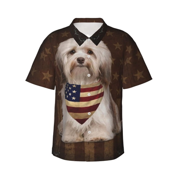 Havanese Dog With Vintage American Flag Men's 3d Print Casual Button Down Shirts, Novelty Hawaiian Short Sleeves 2xl