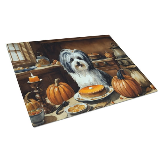 Havanese Fall Kitchen Pumpkins Glass Cutting Board Large 12 in x 15 in