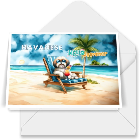 Havanese Hello Summer Beach Theme with Sunglasses and Tropical Cocktail 7x5in Folded Greeting Card Havanese Dog Lover Gifts Idea Single Note Card with Envelope - 00009