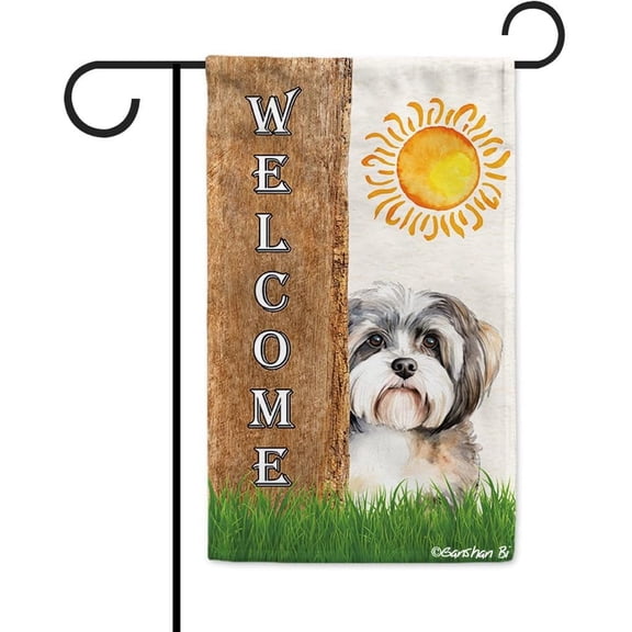 Havanese Spring Summer Welcome Garden Flag Watercolor Dog Hides Behind a Tree Sun Outside Yard Decor Flag Banner 12.5X18 Inch Double Side